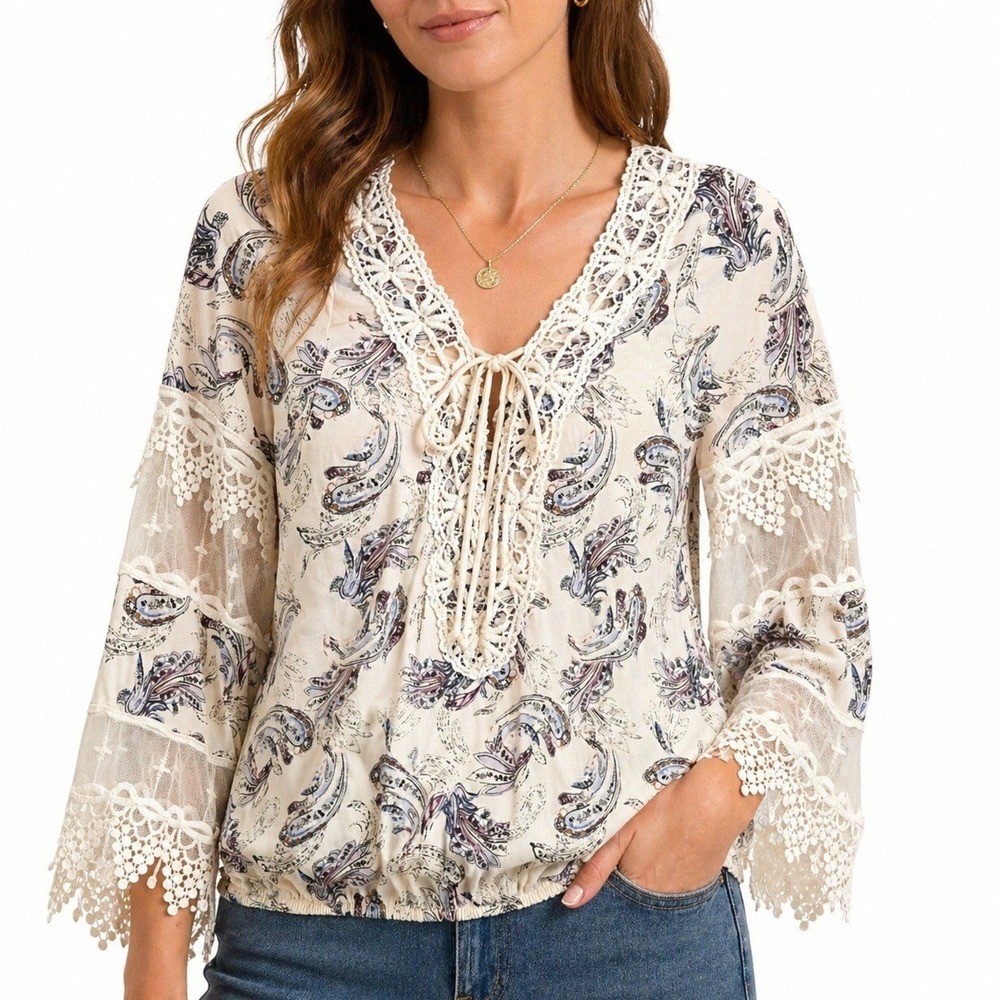 White House Black Market Blouse‎ Womens Small Paisley Crochet Lace Bell Sleeve